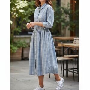 California Girl Plaid Shirt Dress Vintage Blue Petite Size 8